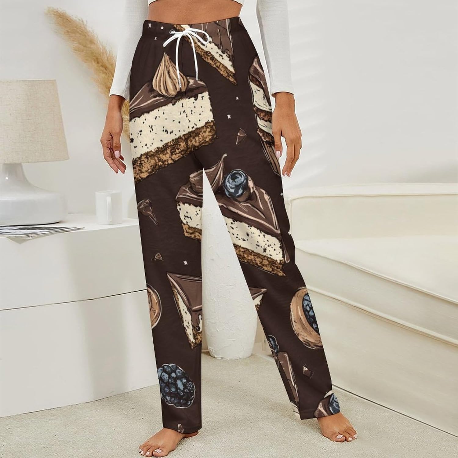 Chocolate Blueberries Mulberries Cake Flannel Pajama Pants Women Soft Fleece Sleep Pj Lounge Bottoms