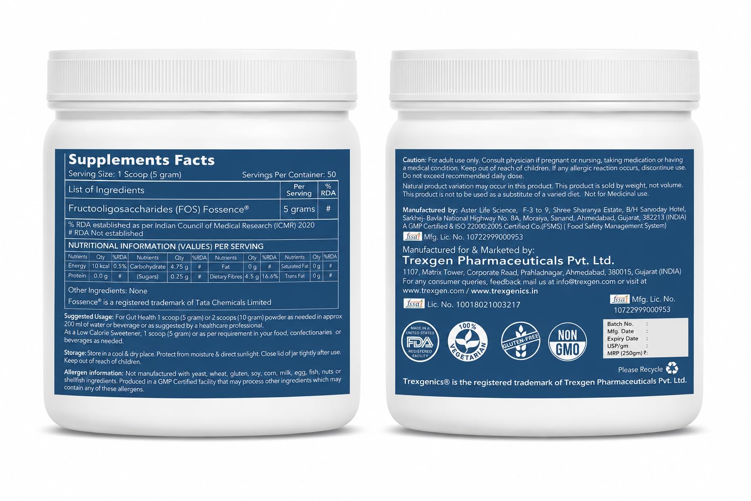 Trexgenics FOS FOSSENCE FRUCTOOLIGOSACCHARIDES PURE POWDER Prebiotic Soluble Fibres for Gut Health, Low Calorie Natural Sweetener (Fossence FOS (250 gram)) — Amazon image 2
