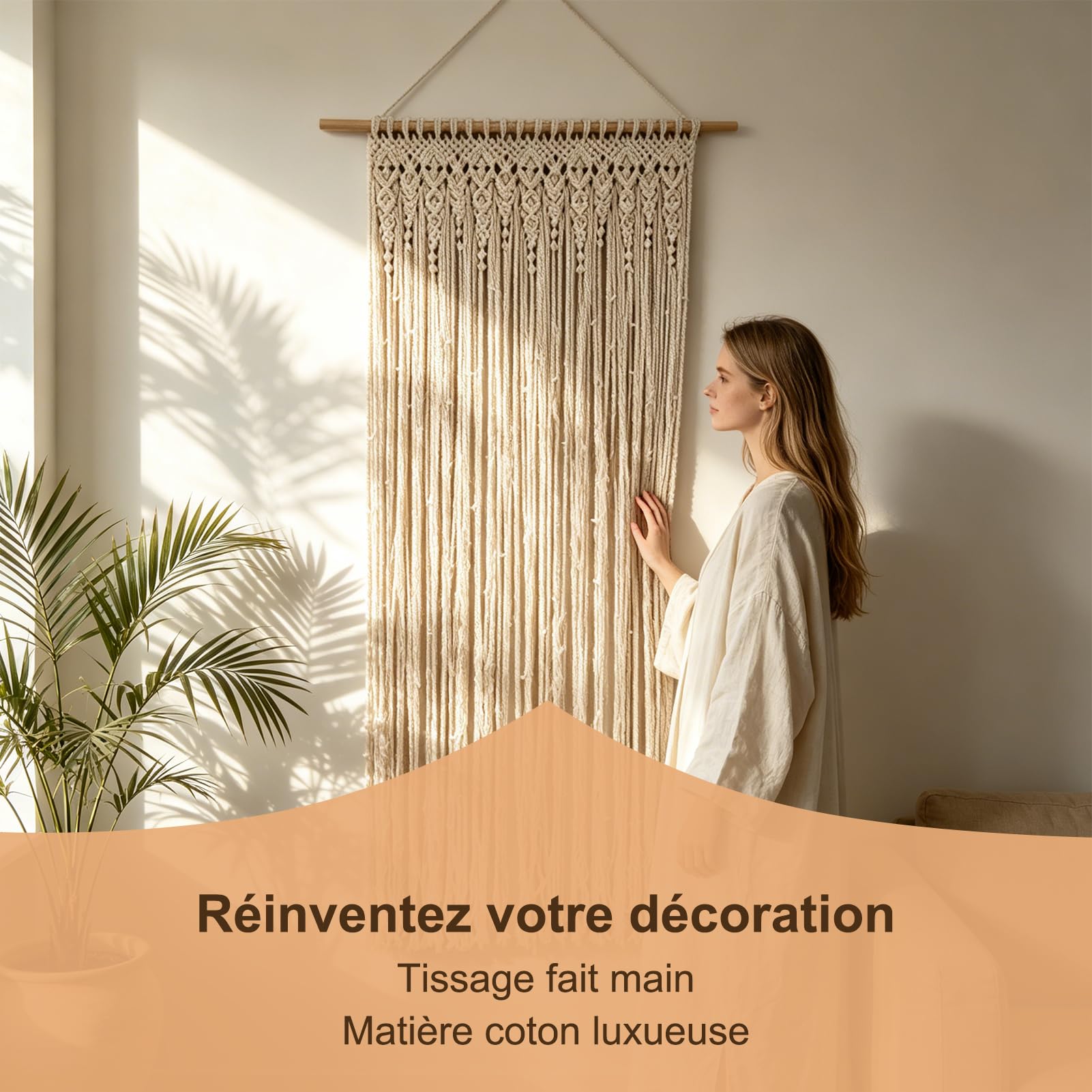 Rideau de porte tissé à la main, tapisserie murale en macramé pour décoration de fond de mariage, tapisserie tissée à la main, beige (90 x 180 cm)