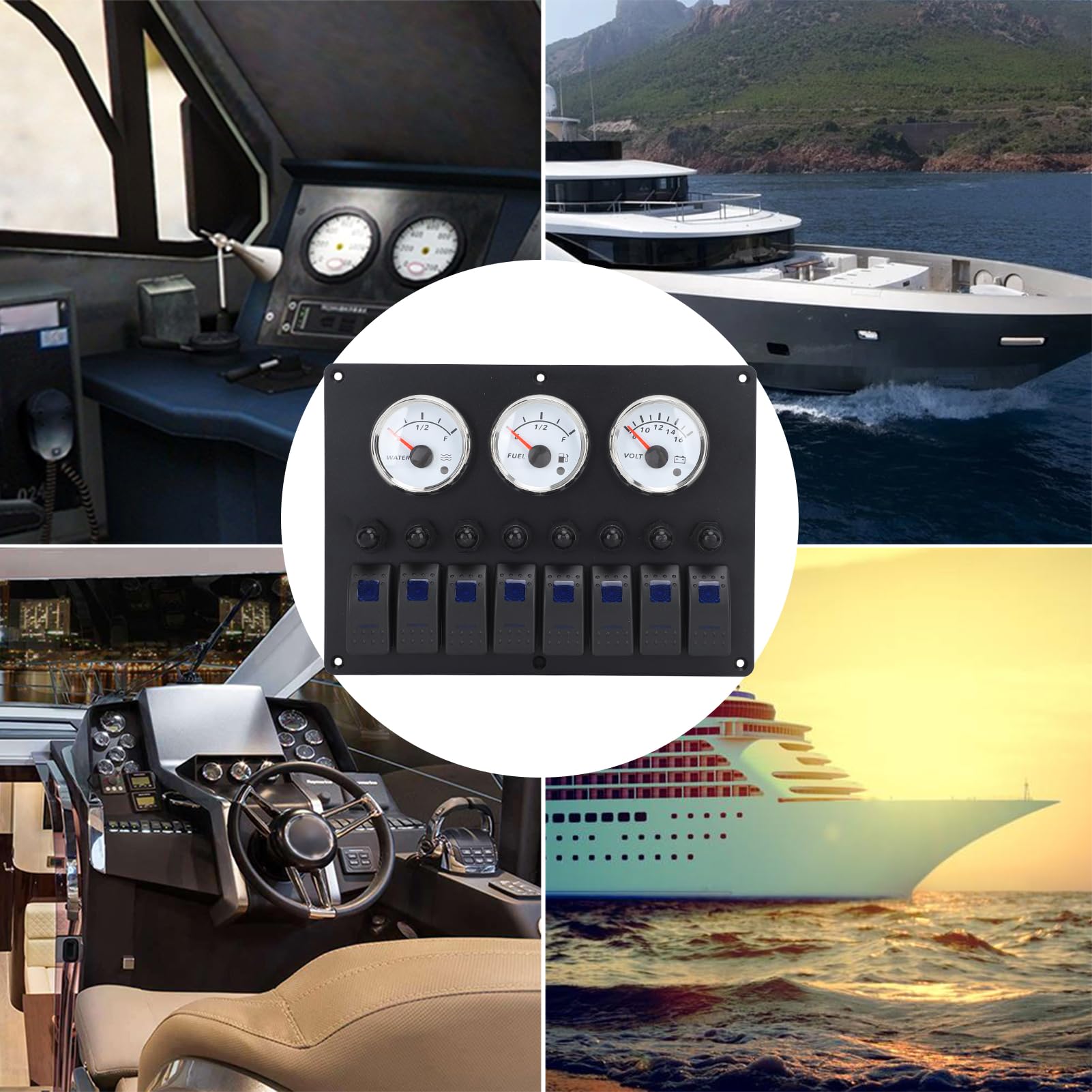Panel de Instrumentos de Establecimiento de Calibre 3 | LED de 12 a 24V 7 Color | Nivel de Aceite Nivel de Agua Pantalla de Voltaje | Ideal para Barcos Marinos | Monitorear los