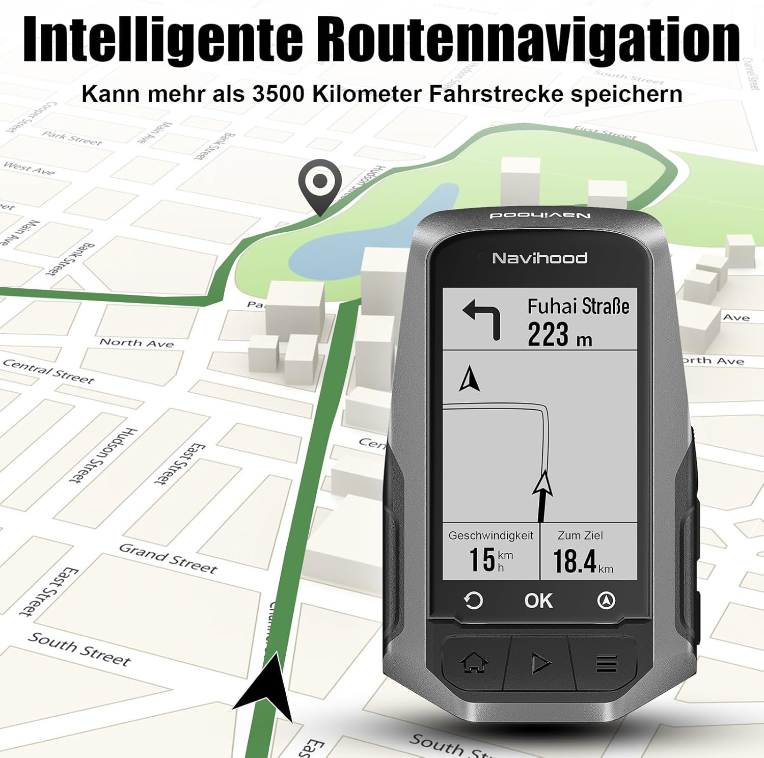 MEILAN Navihood L1 displaying turn-by-turn navigation on a map