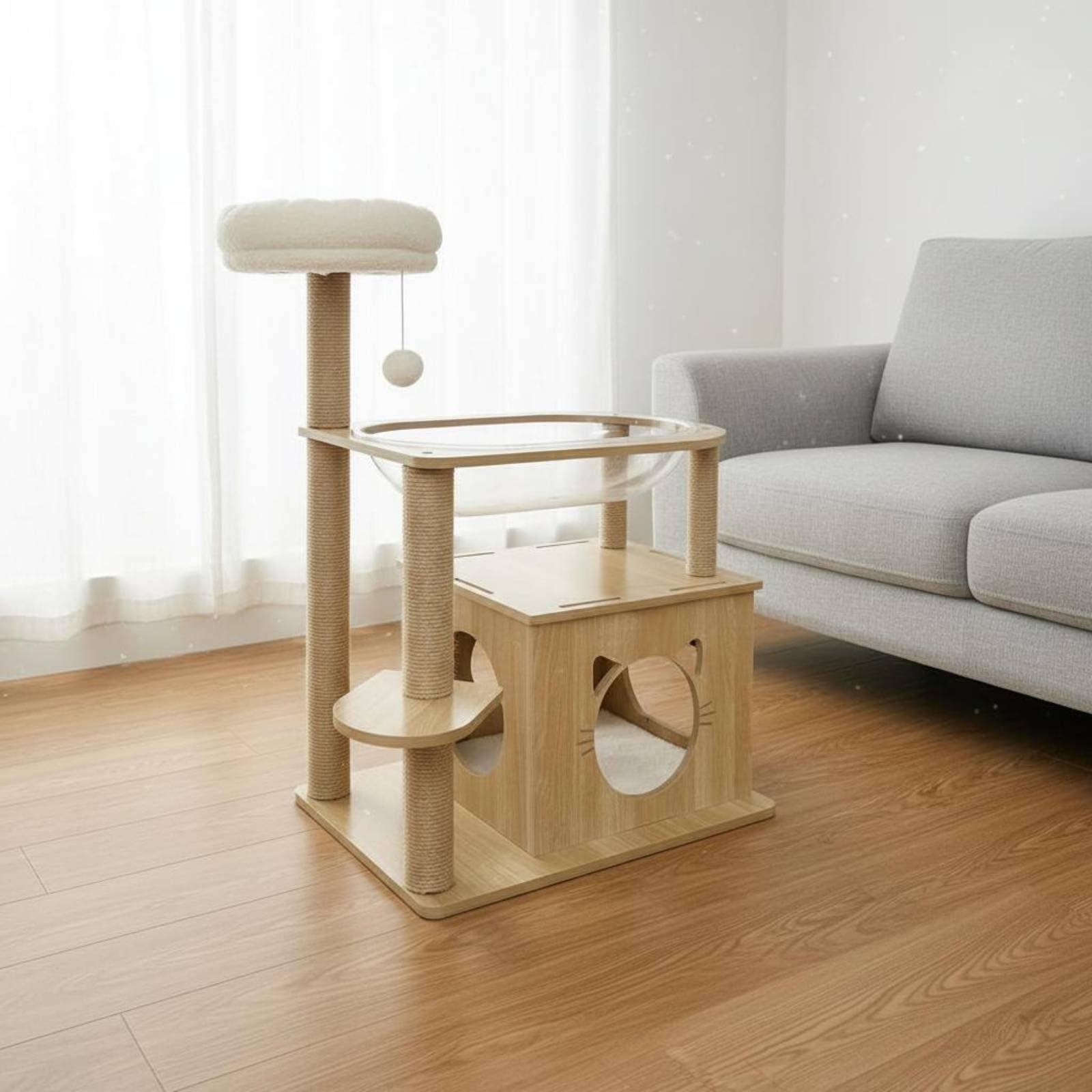 Estructura para Gatos con Torre Refugio y Rascador Diseño de Varios Niveles en Madera MDF con de Sisal y Cúpula Acrílica Base Estable Adecuado para, Madera Clara, Style to 2