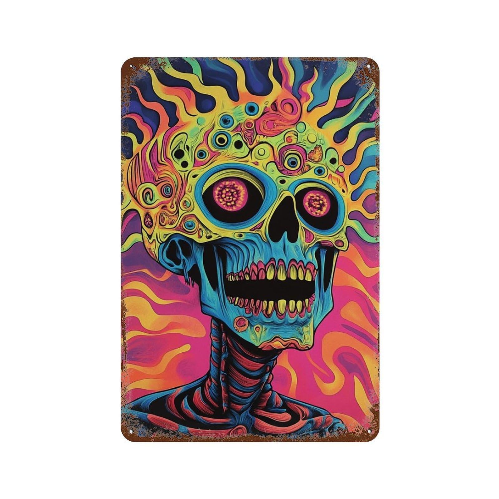 Psychedelic Skull Art Print-6 Retro Metal Sign 11.8"x7.9", Old School Wall Decor for Garage, Bar And Workshop Decor