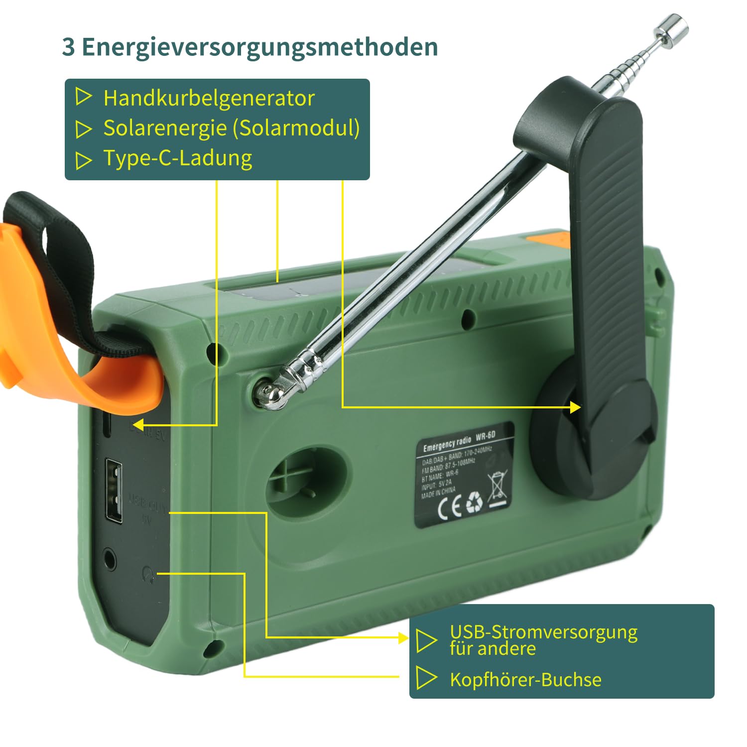 Radio d'urgence, à manivelle, FM/DAB+/DAB, portable, avec batterie externe de 4000 mAh, chargeur de téléphone, charge USB, manivelle, alarme SOS, lampe de poche 3 modes, pour extérieur, camping