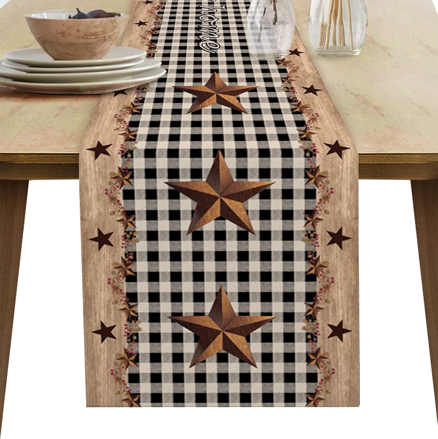 Rectangle Table Runner Farmhouse Black Plaid Cotton Linen