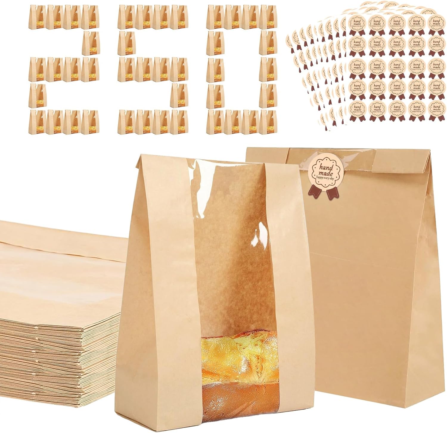250 Pack Bread Bags for Homemade Bread, Large Kraft Paper Bakery Bags with Clear Window & Label Seal Stickers for Baked Food Packaging Storage Gift Giving, 13.8x8.3x3.5 in