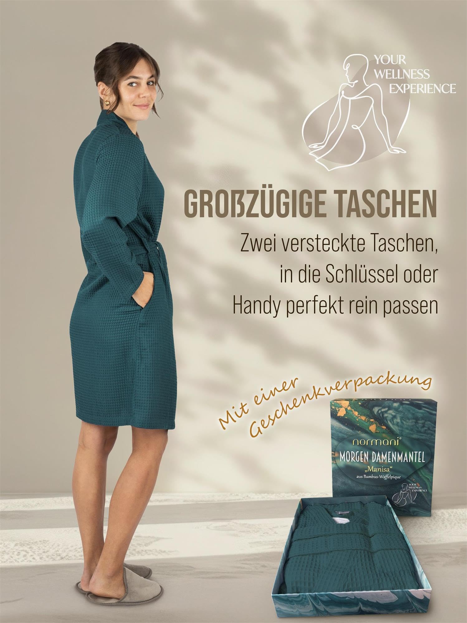 normani Damen Waffel-Bademantel aus 100% (Bambus)-Viskose - leichter Morgenmantel langer Kimono mit Waffeloptik - Sommerbademantel für Frauen