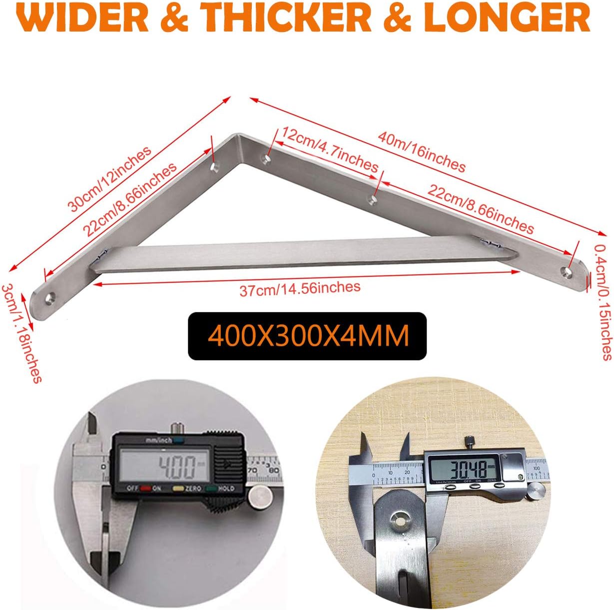 CLT Shelf Bracket 16” x 12" Max Load: 550 lb Heavy Duty Stainless Steel Solid Shelf Support Corner Brace Joint Right Angle, Space Saving DIY Bracket Pack of 2