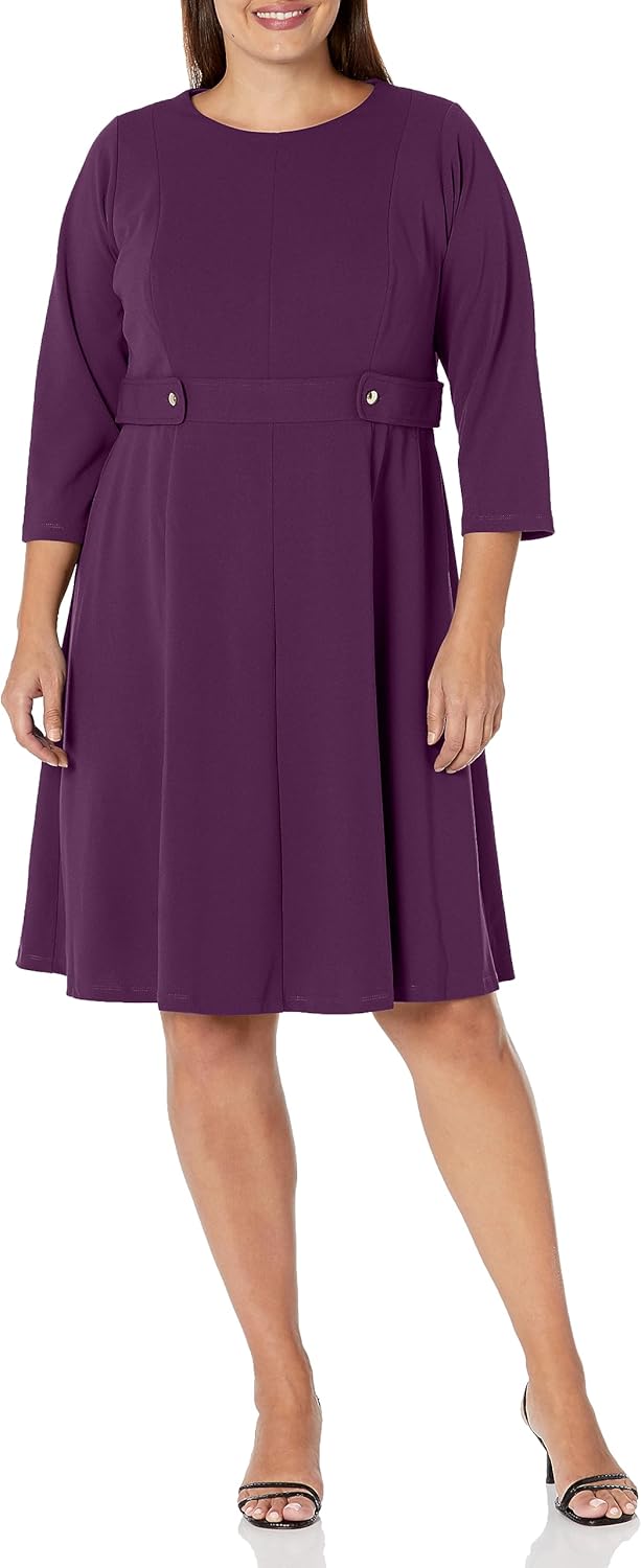 London Times Womens Crepe Fit and Flare Midi with Waist Button Detail