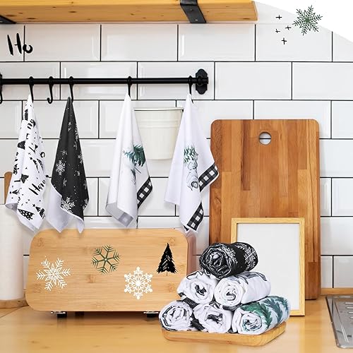Miniatura 5 de Oudain Juego de 6 toallas de cocina de Navidad, toalla de cocina de Navidad, color negro y blanco, árbol de Navidad, copo de nieve, camión, kit de
