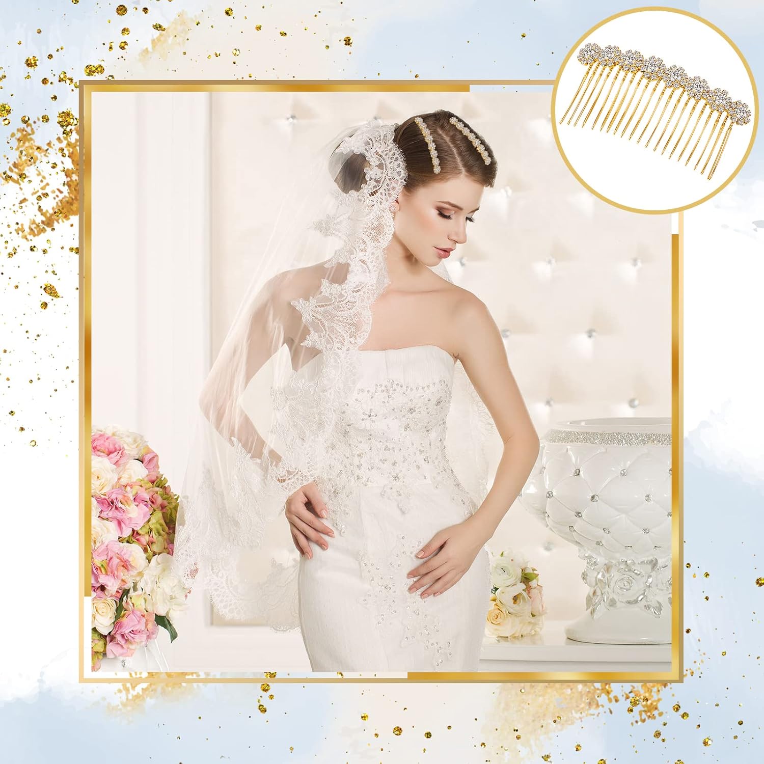 Geosar 4 Pieces Alloy Rhinestone Side Hair Combs Crystal Flower Clips Wedding Comb Bridal Jewelry Clips Combs French Hair Accessories for Women(Silver,Gold) - Image 5