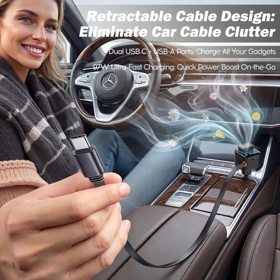 BS-01C 45W Car Charger with Retractable Type-C Cable, 30W USB C & 22.5W USB A Ports, 3-Port Super Fast Charging, Built-in Fragrance Diffuser & Safety Chip (Shop can Purchase Scent Refills)