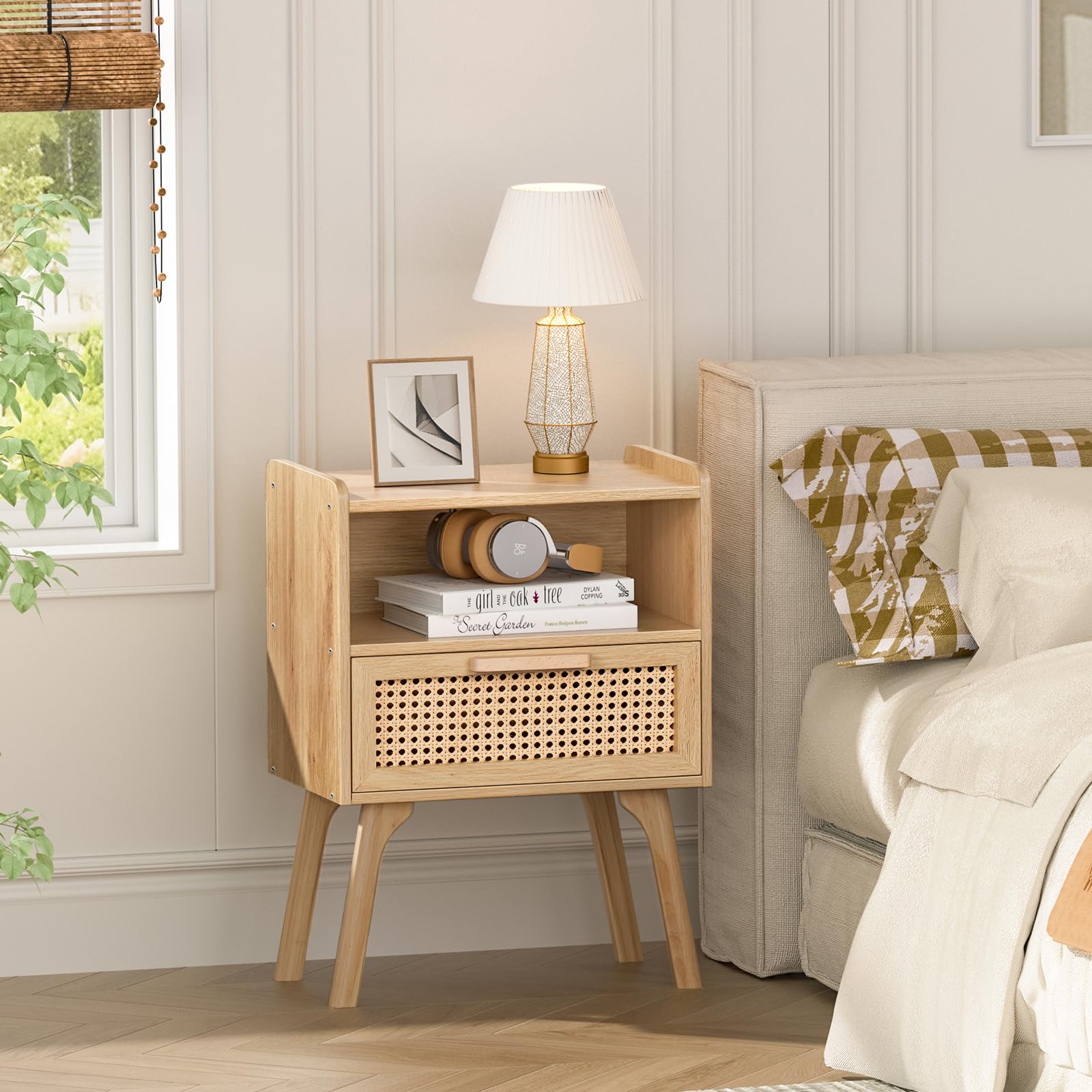LELELINKY Lot de 2 Tables de Chevet en rotin bohème - Petite Table d'appoint en Bois avec tiroir et étagère Ouverte - Table de Chevet avec Pieds en Bois Massif - pour Salon, Table Basse, Chambre à
