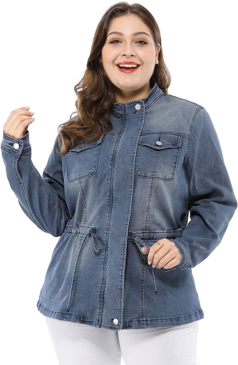 Agnes Orinda Women's Plus Size Denim Jacket Stretch Stand Collar Zip Drawstring Jean Jackets 2024 - Image 2