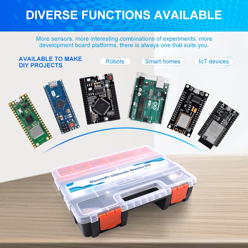 GeeekPi Ultimate Starter Kit,Compatible with Arduino UNO,Arduino Mega 2560,ESP32-WROVER,ESP8266,Raspberry Pi Pico W for RPi Beginners & Software Engineer,Multi MCU Dev Boards,sensors,classic tutorials