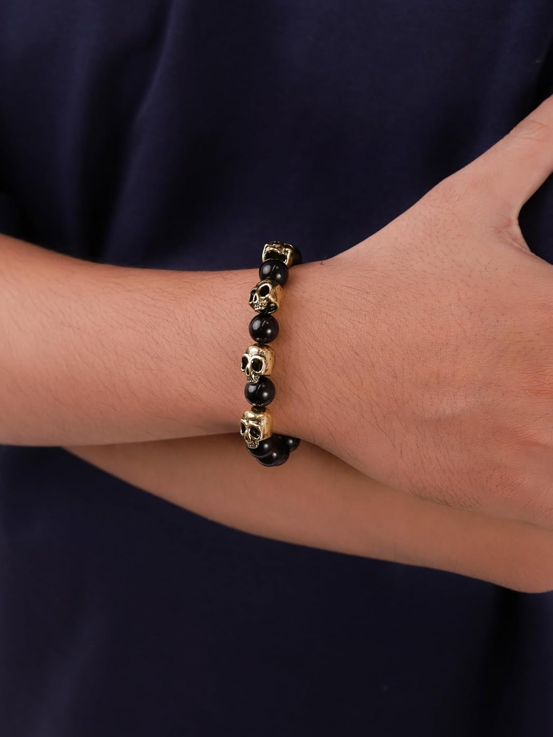 HAQUIL Punk Black Gold Plated Alloy Skull Charm Beaded Bracelet Durable Adjustable Wristband for Men - Image 2