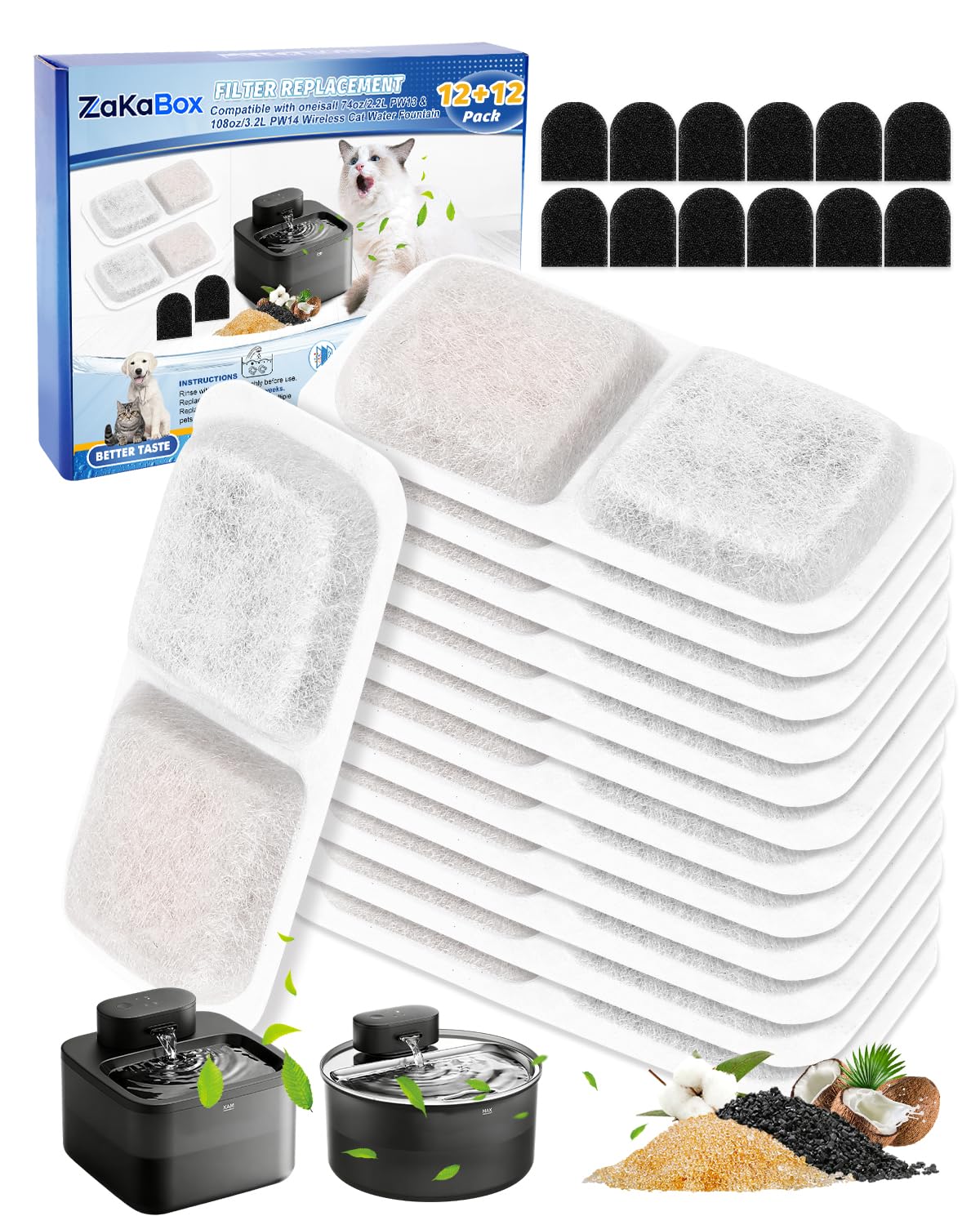 ZaKaBox 24 Replacement Filters for Oneisall Cat Water Fountain PW13 PW14, 2.2L Cat Fountain for Drinking, Multi-Layer Filtration Provides Clean and Healthy Water, 12 Filters with 12 Sponges (12+12)