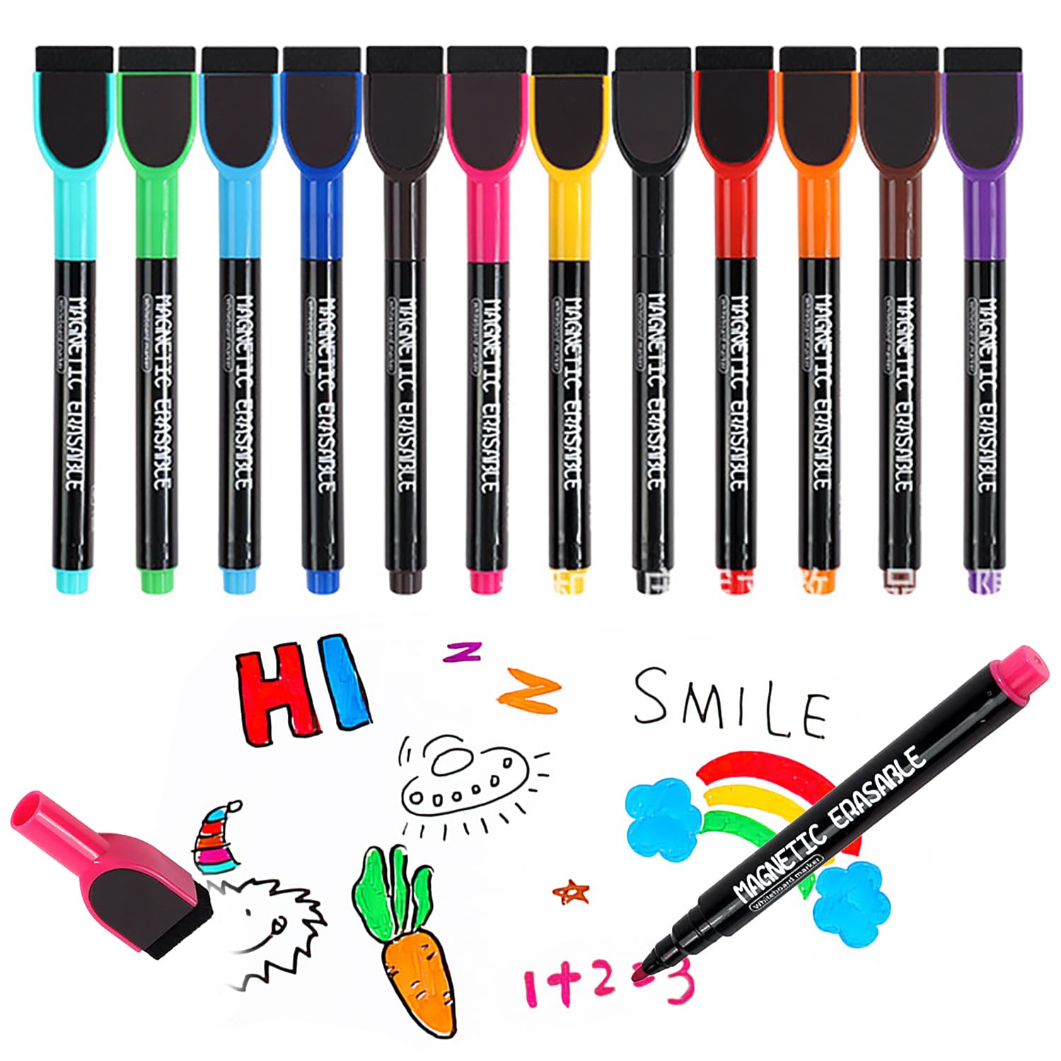 12 Pcs Rotuladores Pizarra Blanca Magnetica, Rotulador Pizarra Blanca con borrador son Óptimo para Material Hogar Escolar y de Oficina(12 Colores)