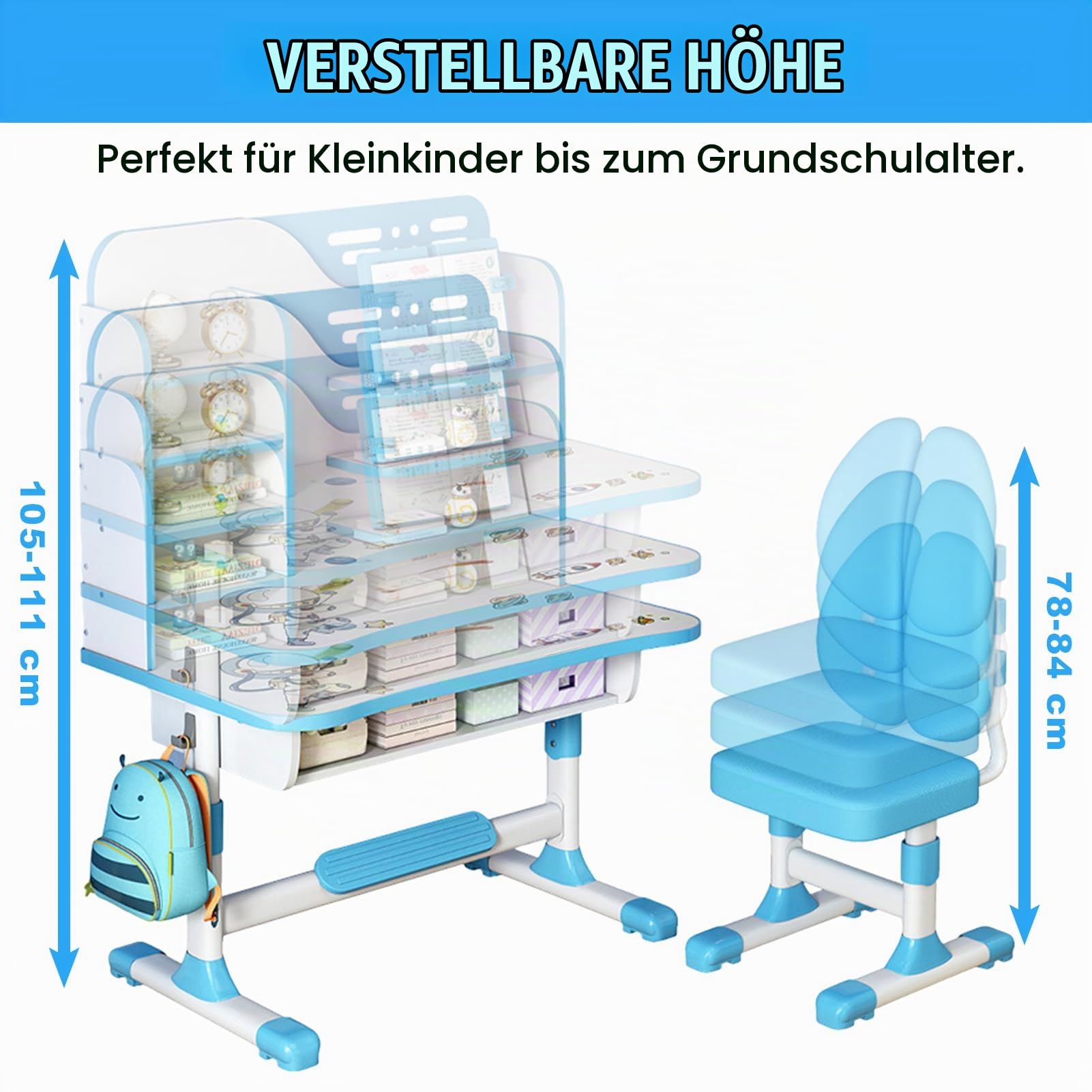 Höhenverstellbarer Kinderschreibtisch und Stuhl Set ab 3 Jahren, Schreibtisch Kinder mit Schublade und Bücherregalen, Kinder Schreibtisch für Hausaufgaben, Malen und Bastelarbeiten (Blau 5)