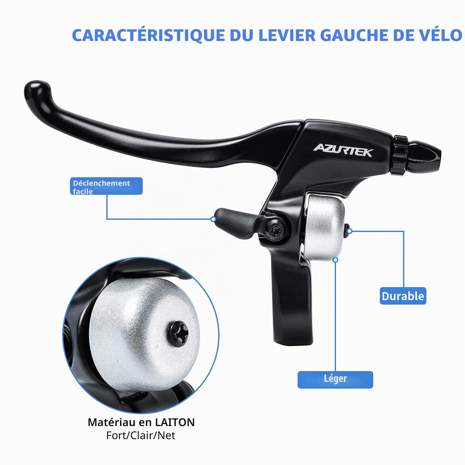 Levier de Frein Avec Cloche, 1 Paire en Alliage d'Aluminium Avec Cloche Nette à Gauche, 2 Fils de Frein Pour Vélo de Montagne, Route, Pliante