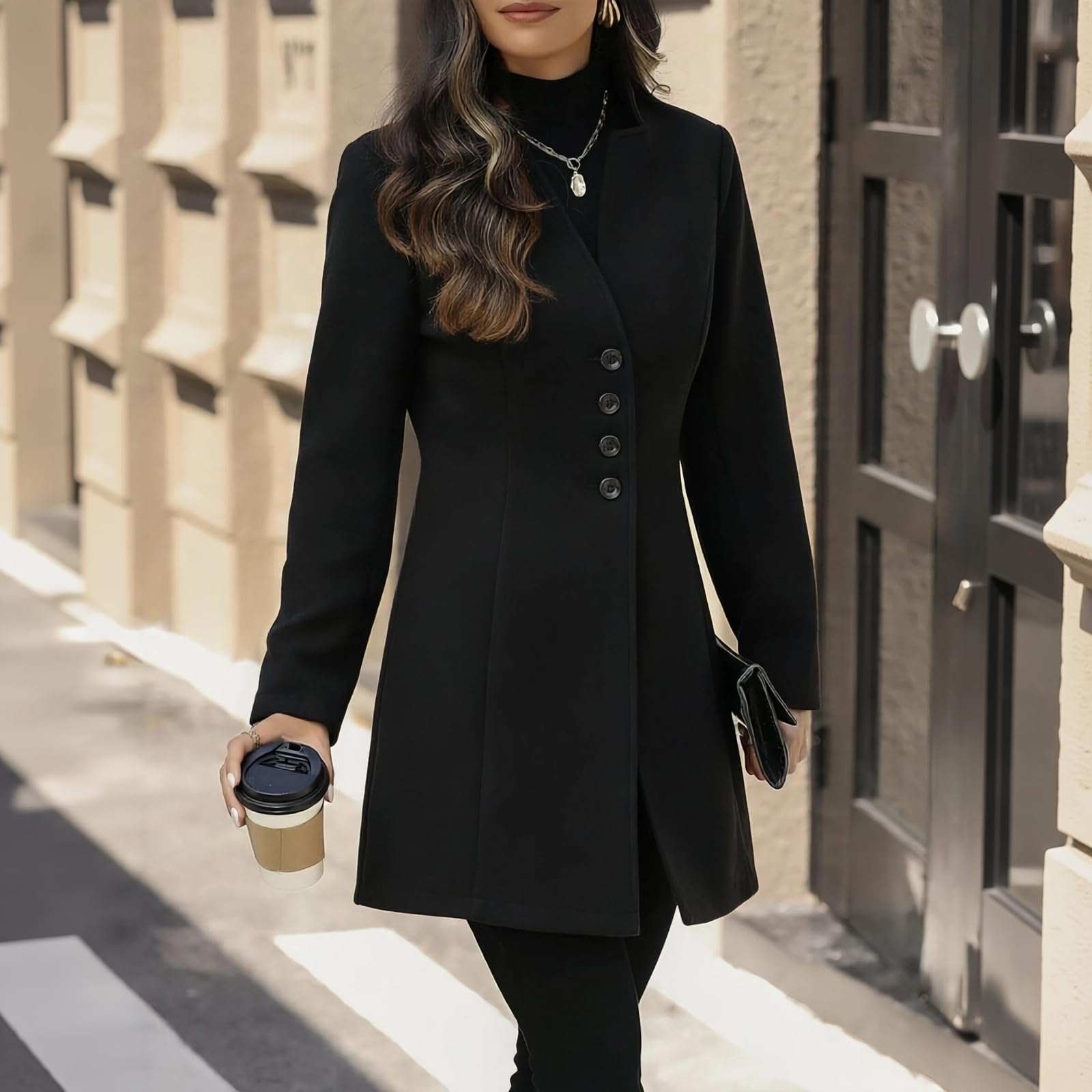 Wintermantel Damen Elegant Wollmantel Lang Winterjacke Mit Knöpfen
