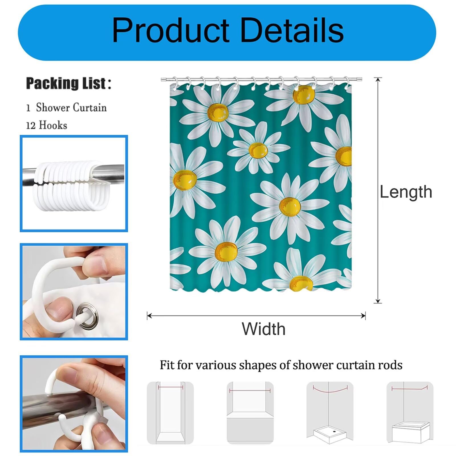 Rideau Douche Fleur Rideau de Douche Anti Moisissure Imperméable Tissu Polyester Shower Curtain avec Ourlet Inférieur Lesté, 12 Crochets Lavable Shower Curtain pour Décor 240 x 180 cm Turquoise 3Y#211