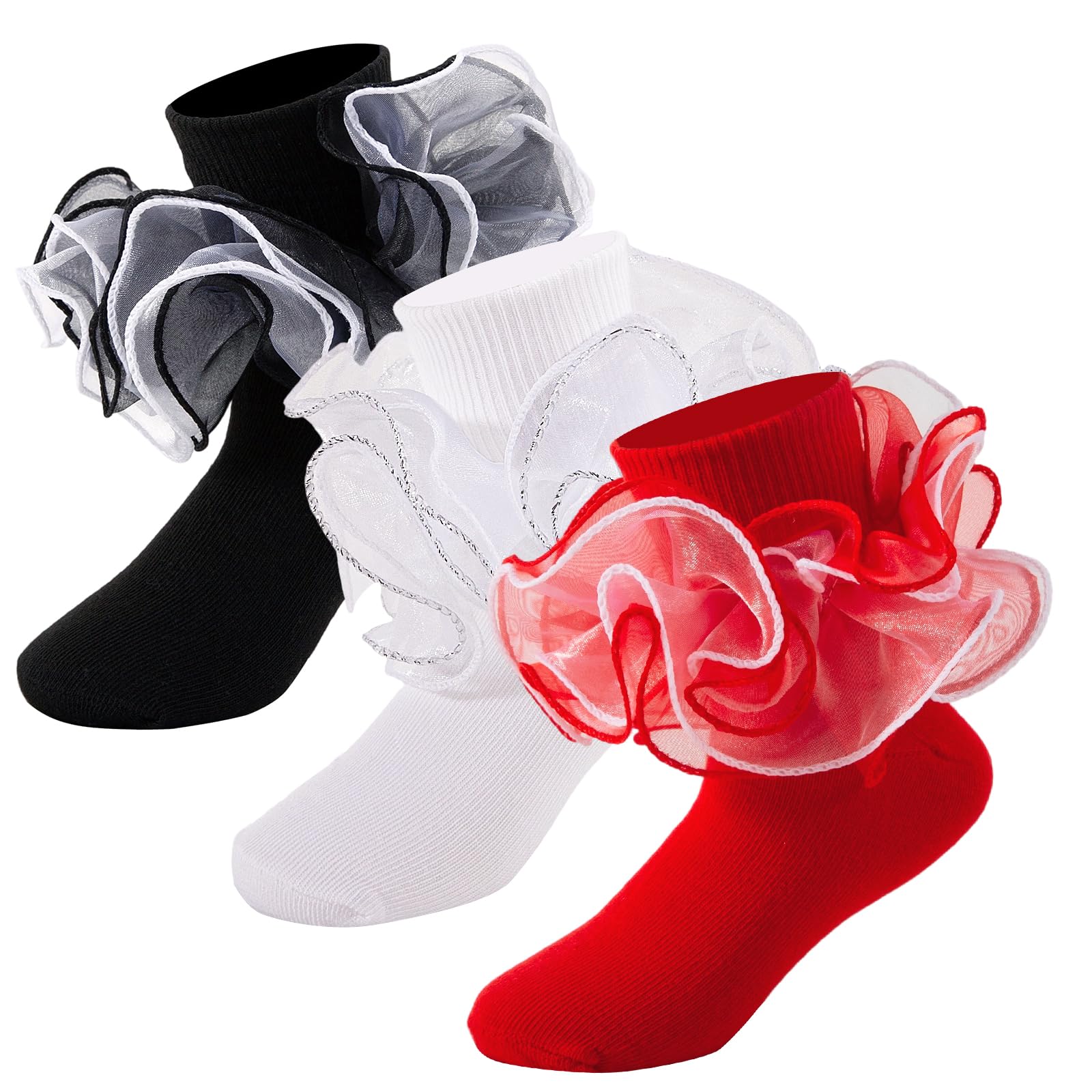 Rüschensocken für Mädchen, 4-lagig, groß, flauschig, Spitze, Rüschen, Kleid, Socken, Turnmanschette, ausgefallene Festzugsocke, kleines Mädchen