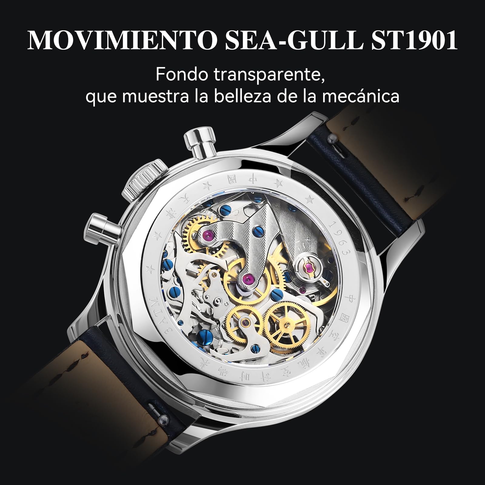 Sea Gull 1963 Edición Internacional, Movimiento ST1901,Reloj de Pulsera mecánico para Hombre Relojes de Aviación Cronógrafo Piloto,Cuerda Manual