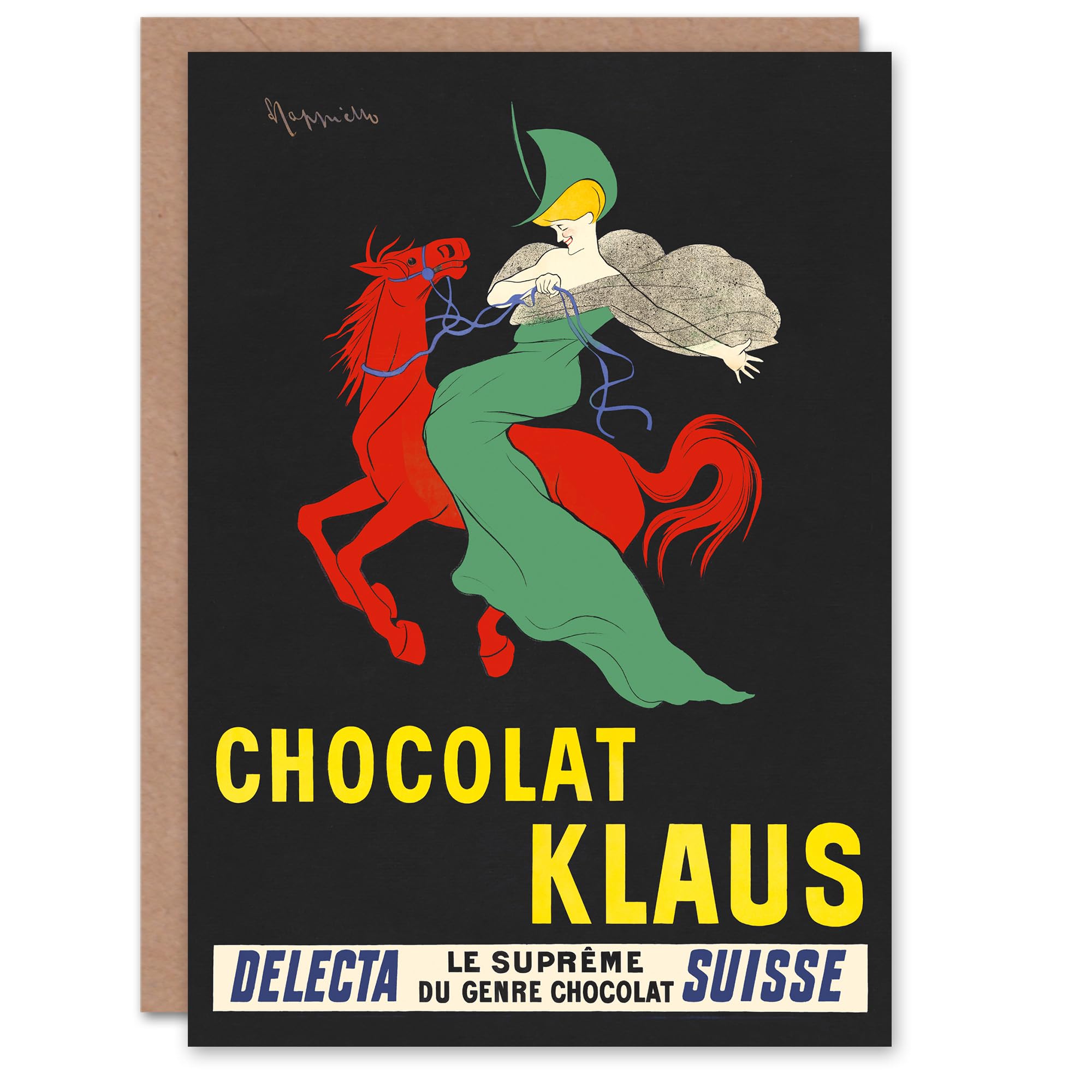Artery8 Leonetto Cappiello Klaus Chocolate Vintage Advert Greeting Card - Black