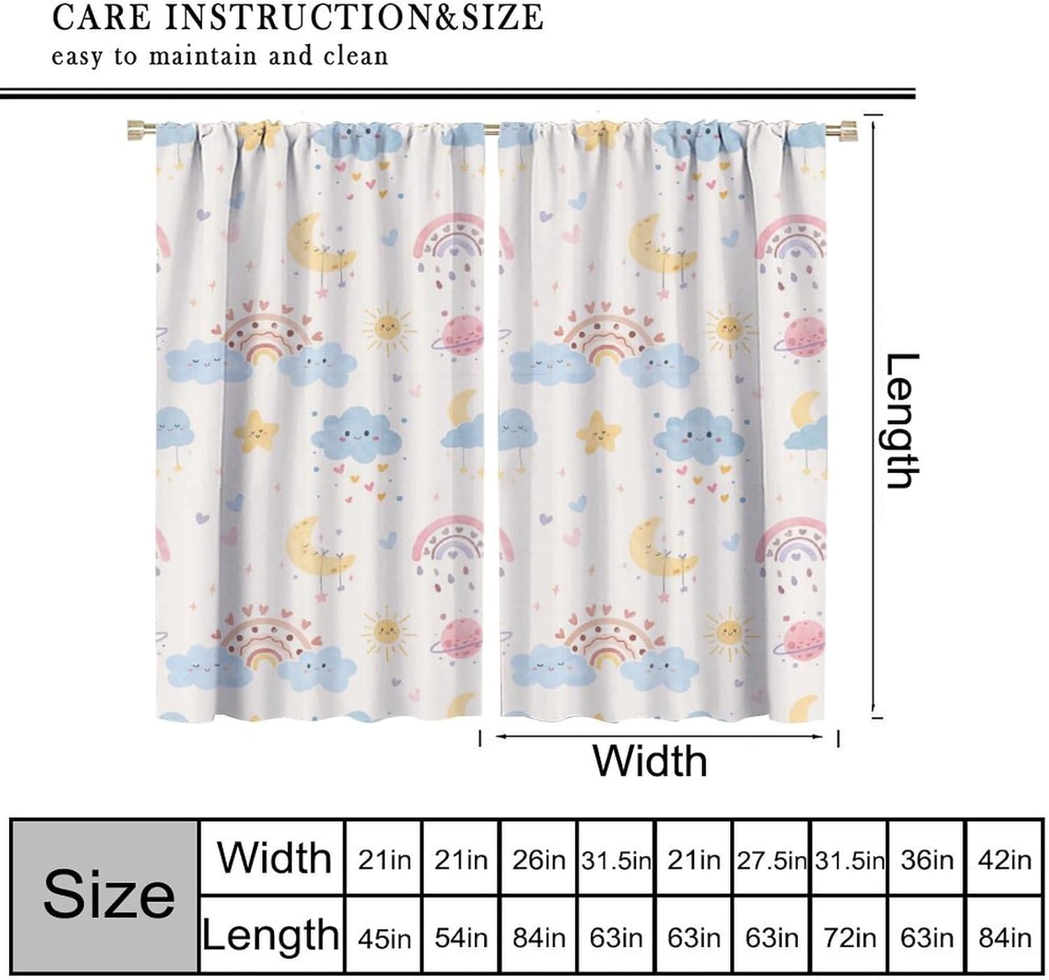 Kids Rainbow Blackout Curtains Boho Cute Cartoon Watercolor Stars Clouds Moon Sun Colorful Art Print Bedroom Living Room Kitchen Rod Pocket Decoration Window Drapes 2 Panels W21xL45in