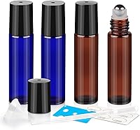 ZEJIA 10ml Glass Roller Bottles for Essential Oils - 4 Pack Amber & Blue, Leak-Proof Stainless Steel Balls, Droppers, Funnel, Opener & Labels