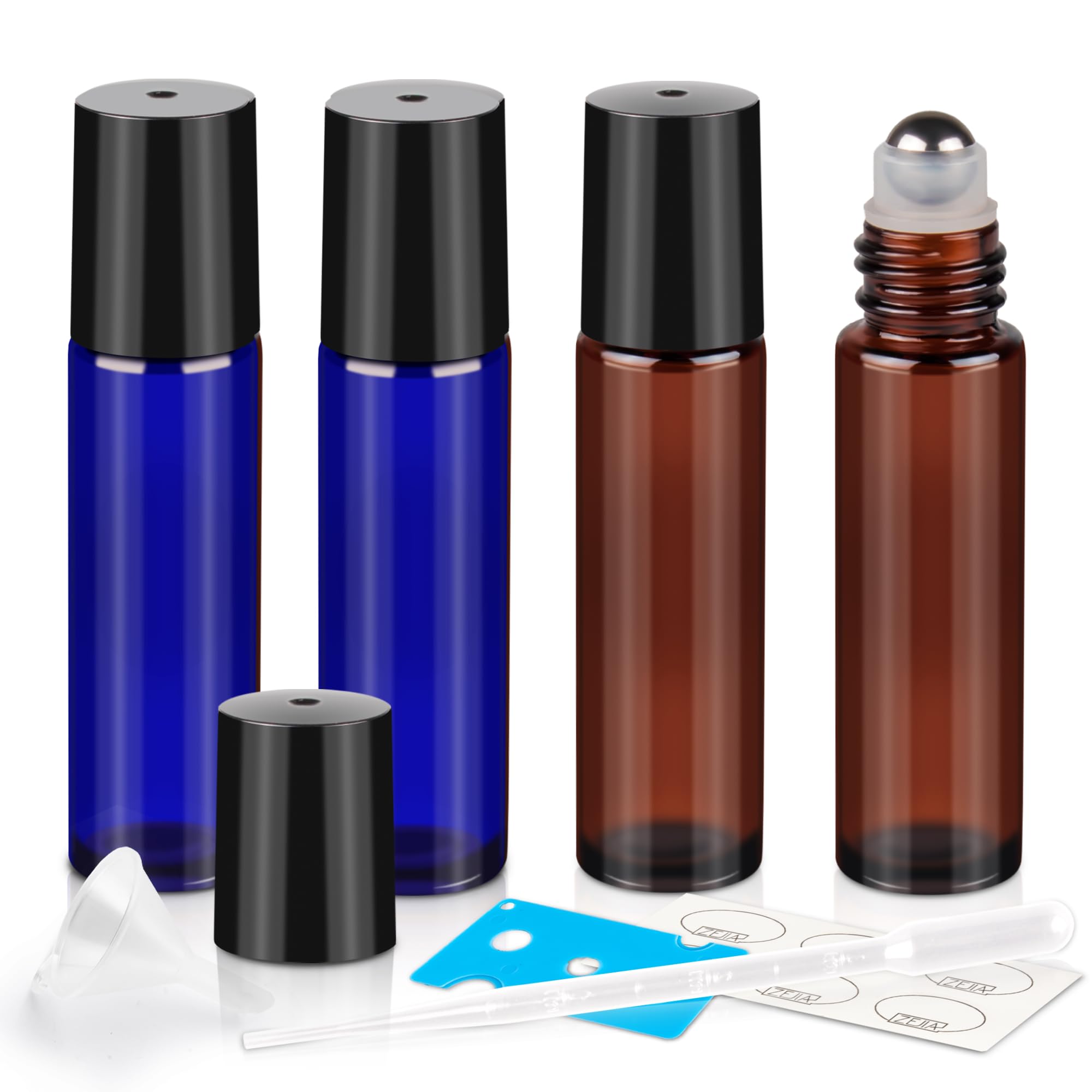ZEJIA 10ml Roller Bottles for Essential Oils, 4 Pack Glass Roll on Bottles, Refillable Perfume Bottle, with Stainless Steel Roller Balls, 2 Droppers,