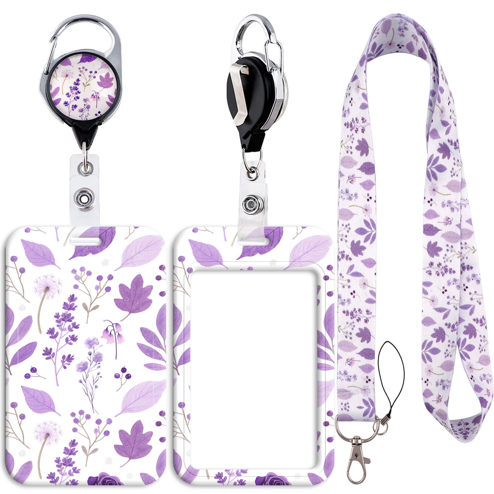 Purple Plant Lanyard ID Badge Card Holder with Retractable Badge Reel Carabiner Clip Neck Strap Key Lanyard Plastic Case Name Pass Sliding Badge Holder