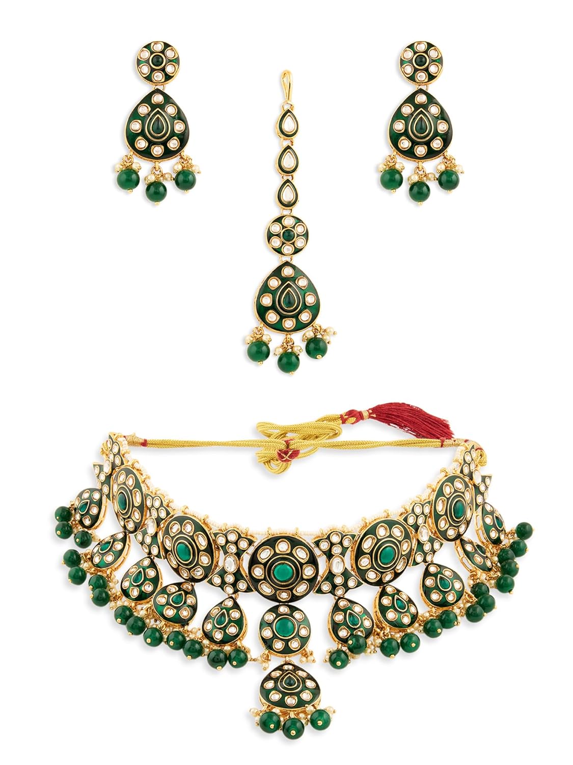 ZAVERI PEARLS Green Meenakari Stones Beads Drop Choker Necklace Earring & Maangtikka Set For Women-ZPFK21669