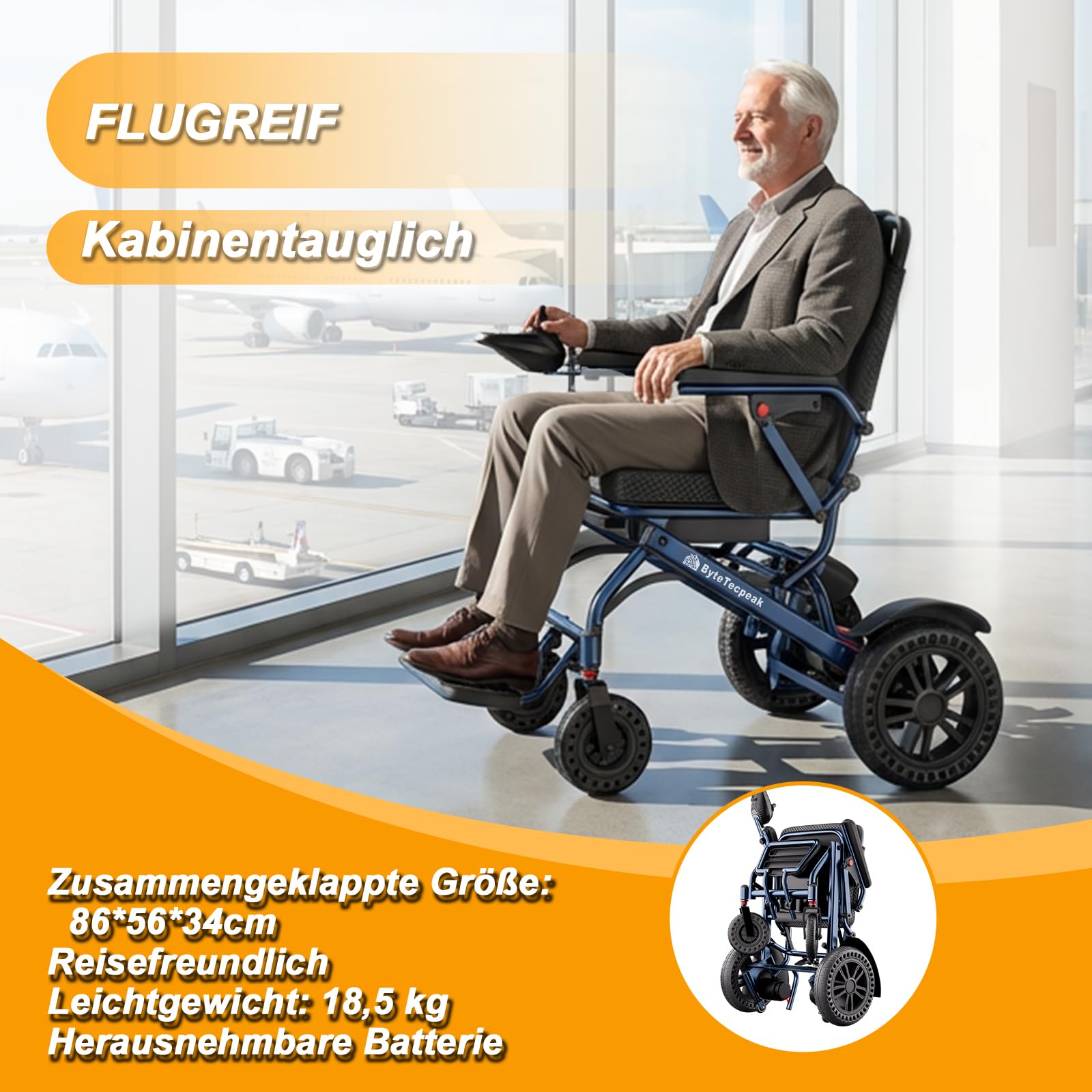 Elektrischer Rollstuhl Faltbarer 40 km Reichweite, 2 Akkus, D14 leicht E Rollstuhl, 18,5 kg ohne Akku, bis 150 kg, reisetauglich einfach zu transportieren mit komfortablem Sitz, für Reisen, Blau