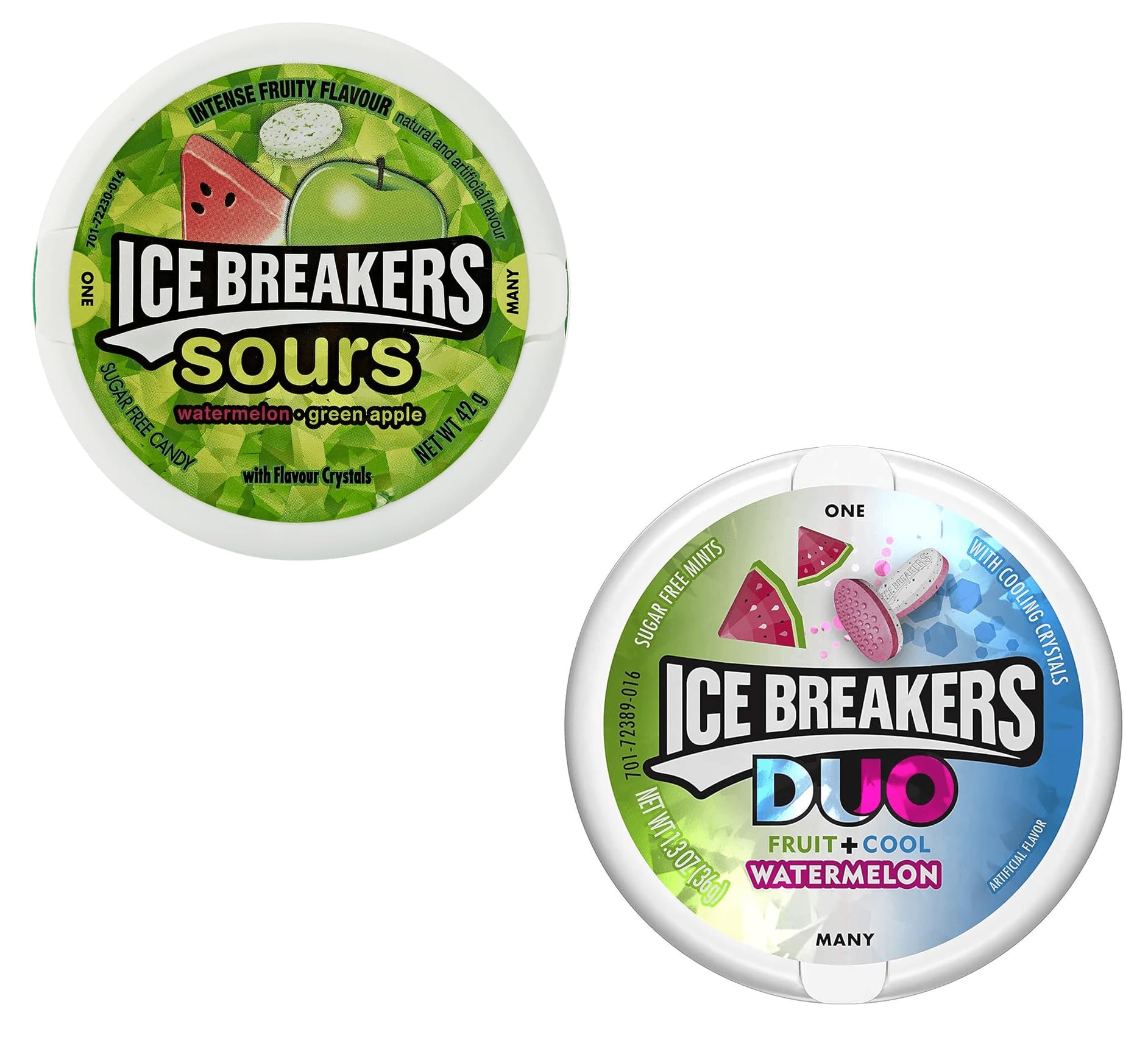 Ice Breakers Sours Watermelon + Green Apple + Tangerine 42 G,Sugar Free With Flavor Crystals And Ice Breakers Duo Fruit + Cool Watermelon 36 G,Sugar Free Mints With Cooling Crystals