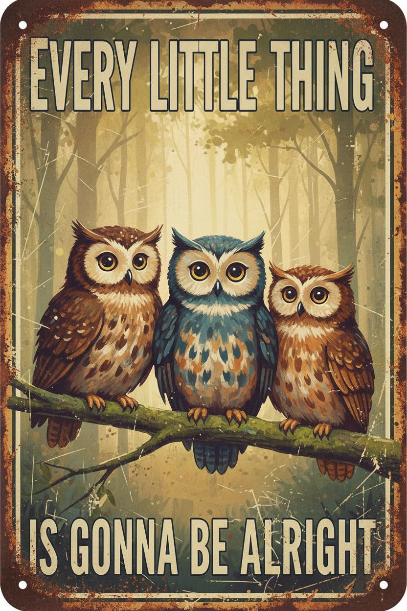 Vintage Owl Tin Sign Every Little Thing is Gonna Be Alright Retro Wall Decor Nostalgic Art Funny Bird Lover Metal Poster Bedroom Cafe Toilet Kitchen Office Living Room Pubs Shop 8x12inch