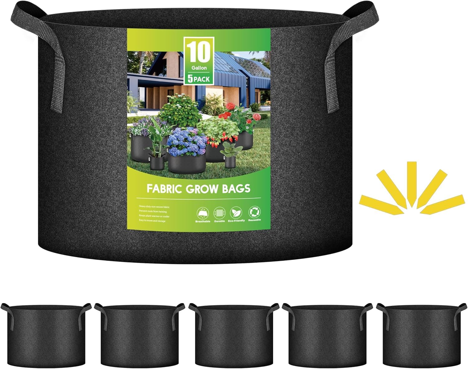 iPower 5-Pack 10-Gallon Grow Bags Nonwoven Fabric Pots Aeration Container with Strap Handles for Garden and Planting, 10 Gallon, Black