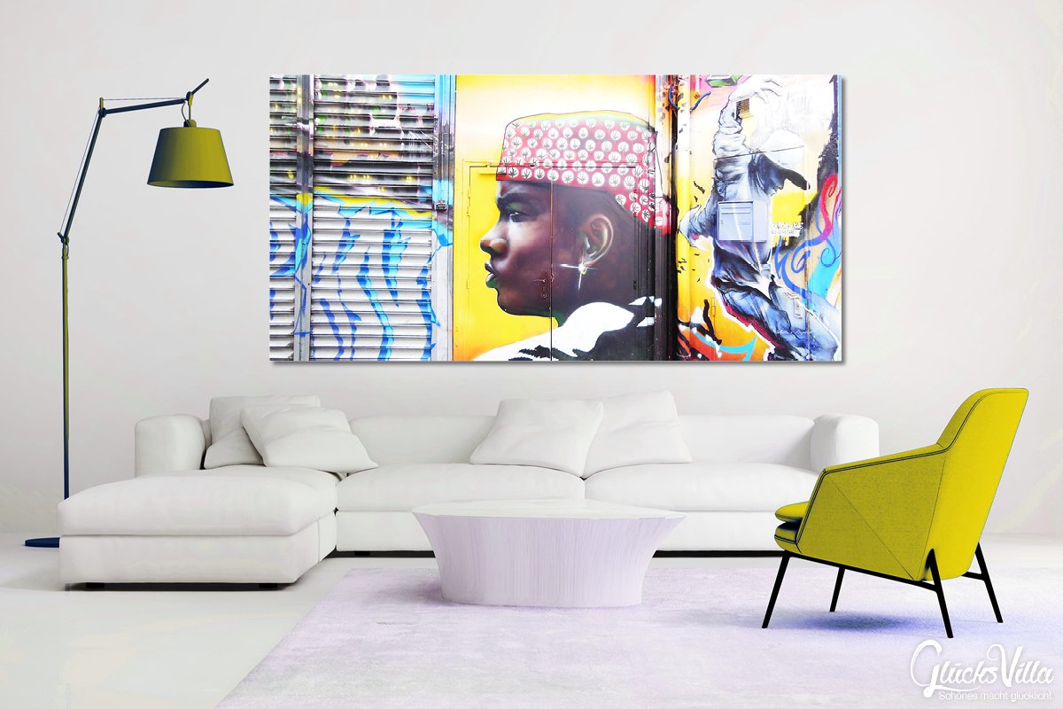 Glücksvilla - Graffiti 1 (Leinwand-Bild 2 cm, 160 x 80 cm) | div. Maße - aus DE - Kunstdruck Deko Wandbild quer - Paris Gemälde sprayen Kunst Mann Airbrush