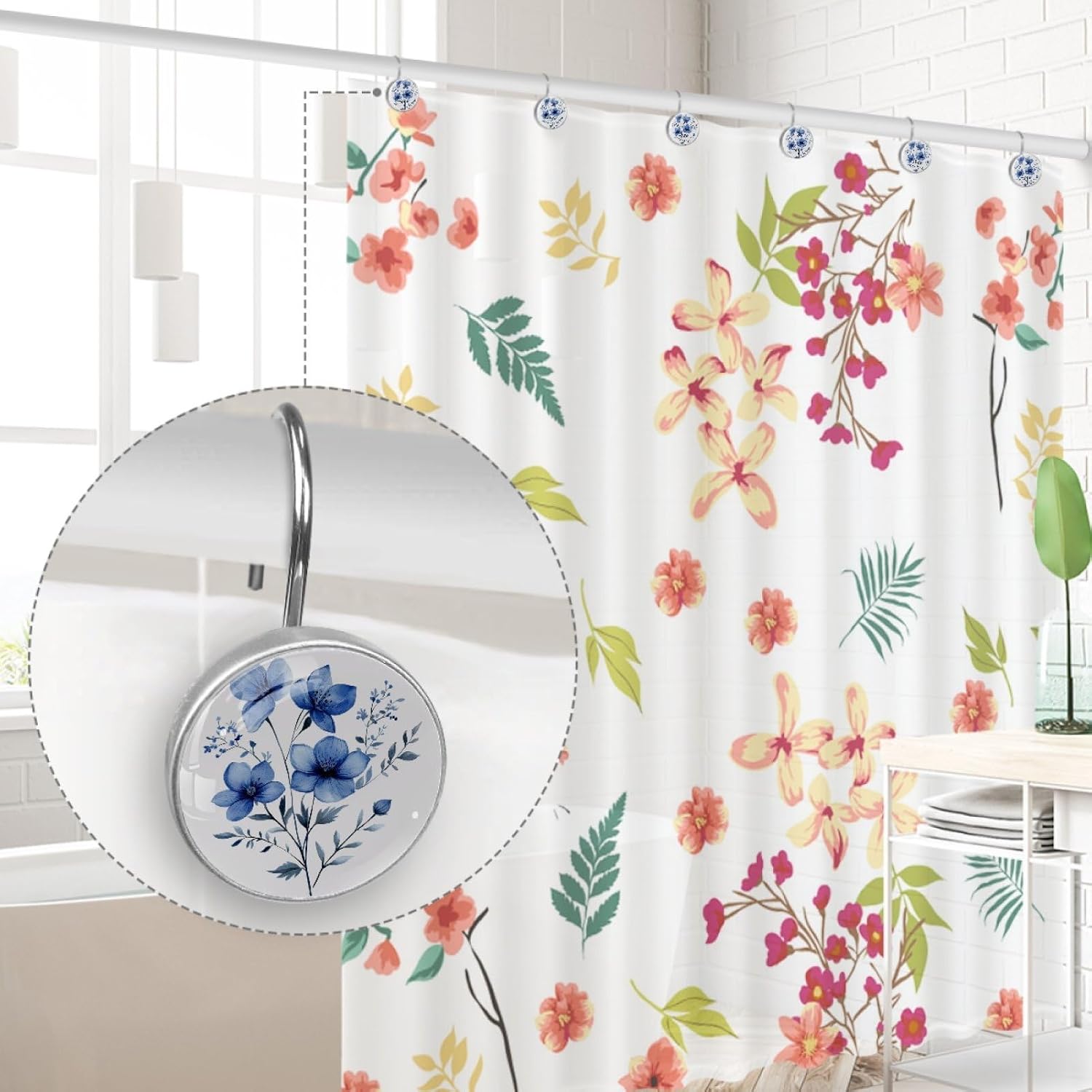 Watercolor Blue Flowers Floral Bathroom Shower Curtain Hooks, 12 Pcs Stainless Steel Shower Curtain Hooks Rings for Bathroom Shower Rods Curtains
