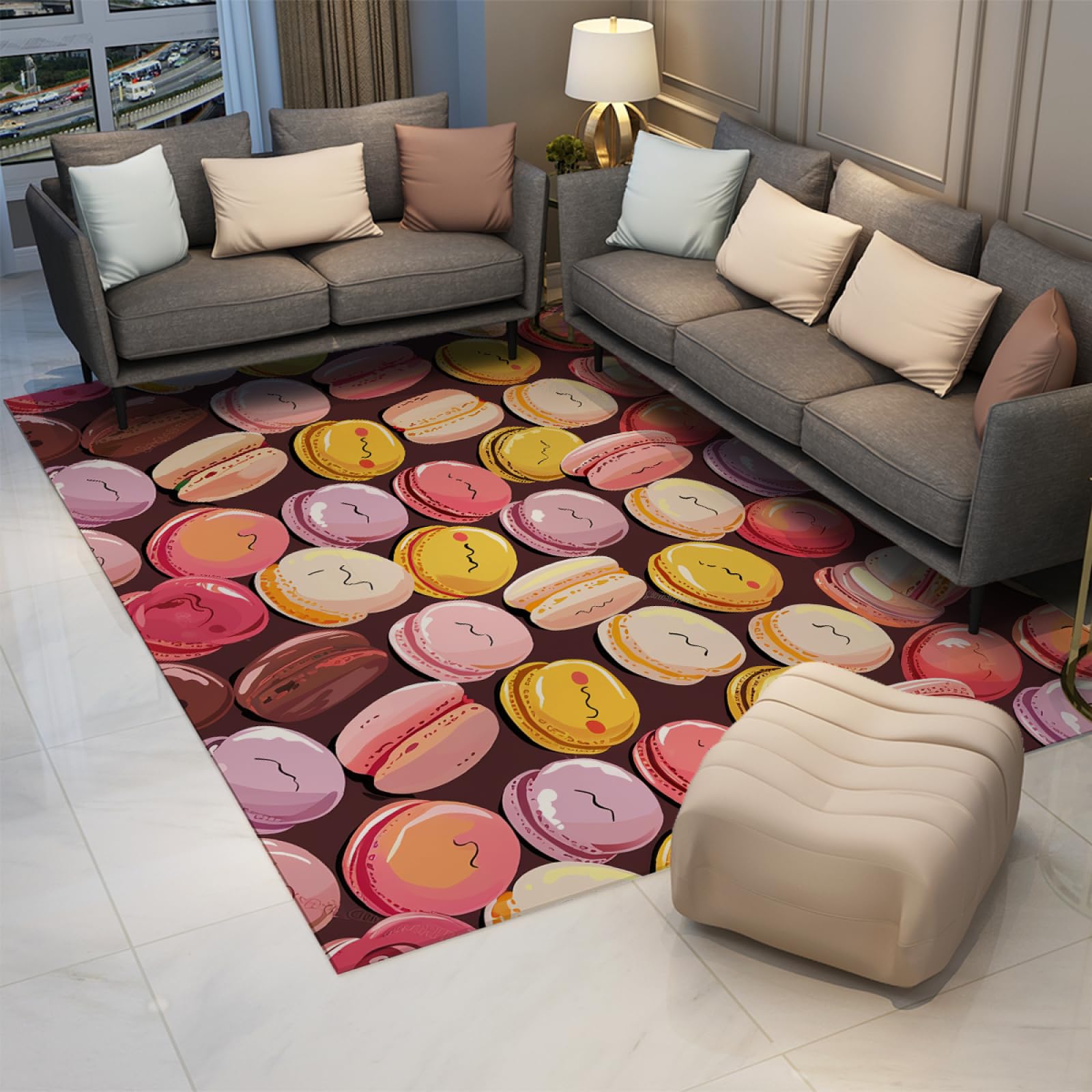 Tapis de Style Anime de Dessin animé 180x270cm - coloré Mignon Macaron pâtisserie Biscuits Motif Machine Lavable antidérapant à Poils Ras Mince Tapis pour café