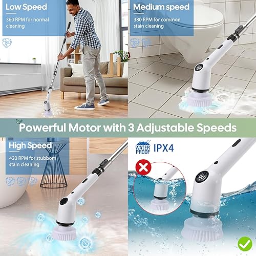 Miniatura 5 de Limpiador eléctrico giratorio, 2024 nuevo limpiador de ducha inalámbrico con 8 cabezales de cepillo reemplazables y mango de extensión ajustable de