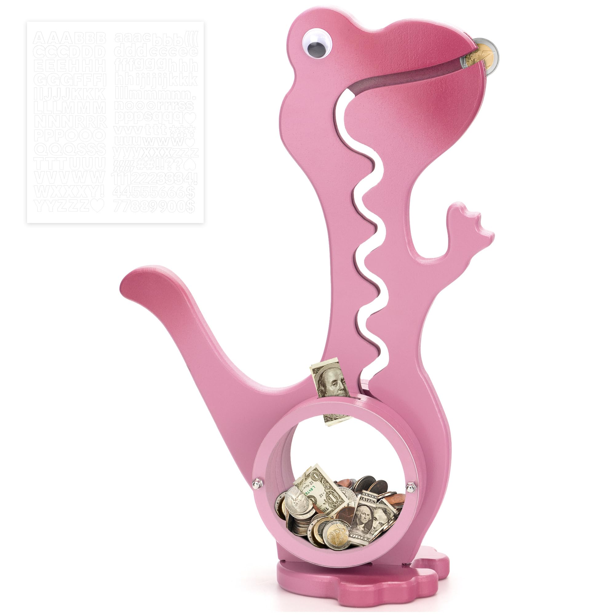 Wooden Dinosaur Piggy Bank Boalord for Boys Kids Girls Clear Big Belly Animal Coin Bank for Toddler Real Money Toy（Dino-Pink）