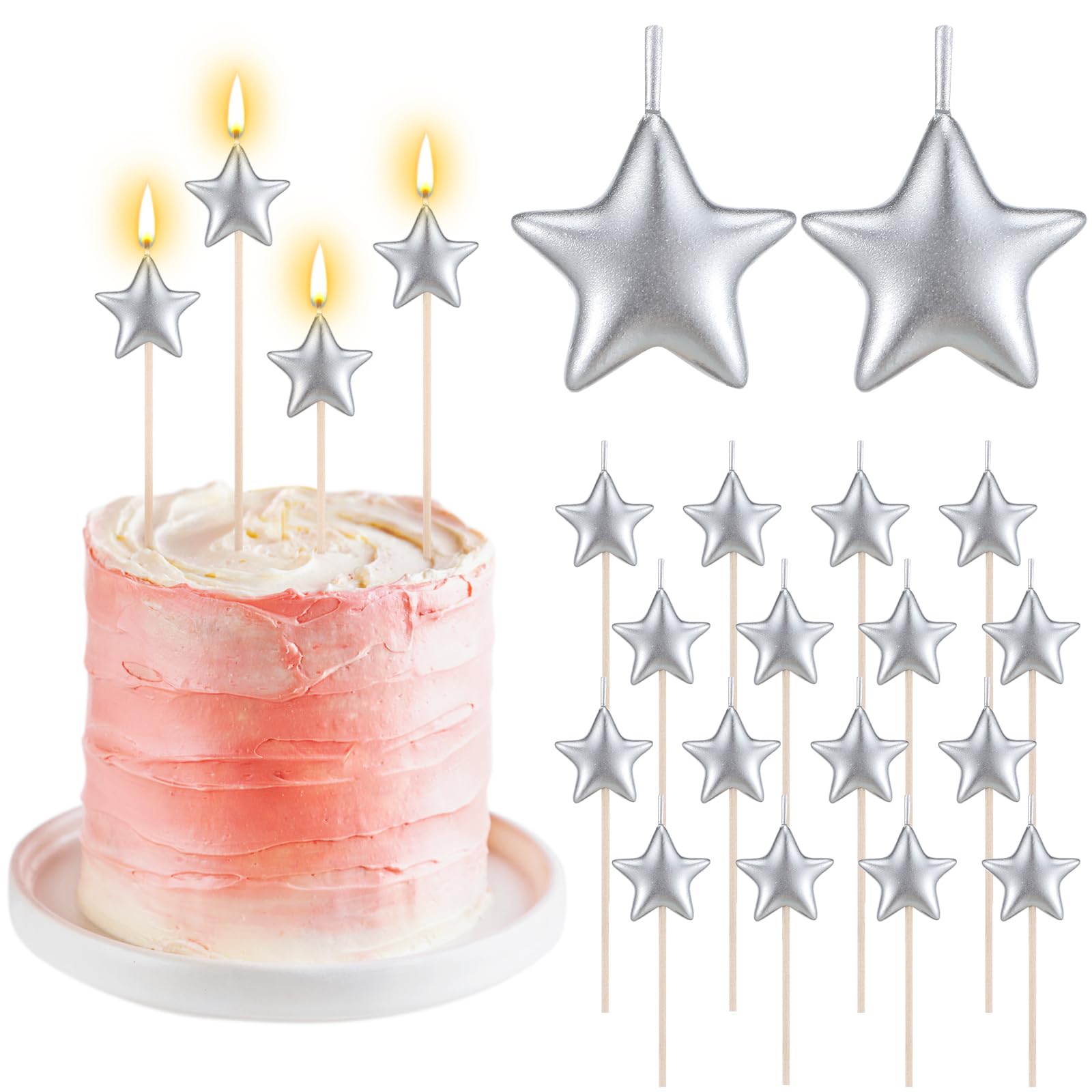 Threlaco 16 Pack Silver Birthday Candles for Cake Star Shaped Sparkler Candles Metallic Color Stereo Cake Topper Decorations for Birthday Party Supplies