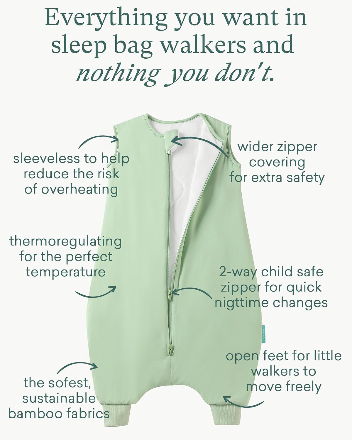 PurComfy Supersoft Toddler Sleep Sack with Feet 1.0 Tog, Premium Bamboo Viscose Sleep Sacks with Legs 2-Way Zipper Sleep Bag Walker 3T-5T, Sage
