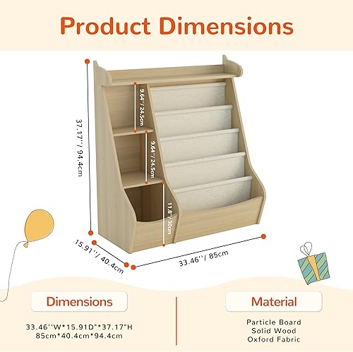 Miniatura 2 de FKWin Estantería para habitación de niños, estante para libros de 4 niveles con 5 bolsillos tipo cabestrillo, diseño de ciervo, organizador de