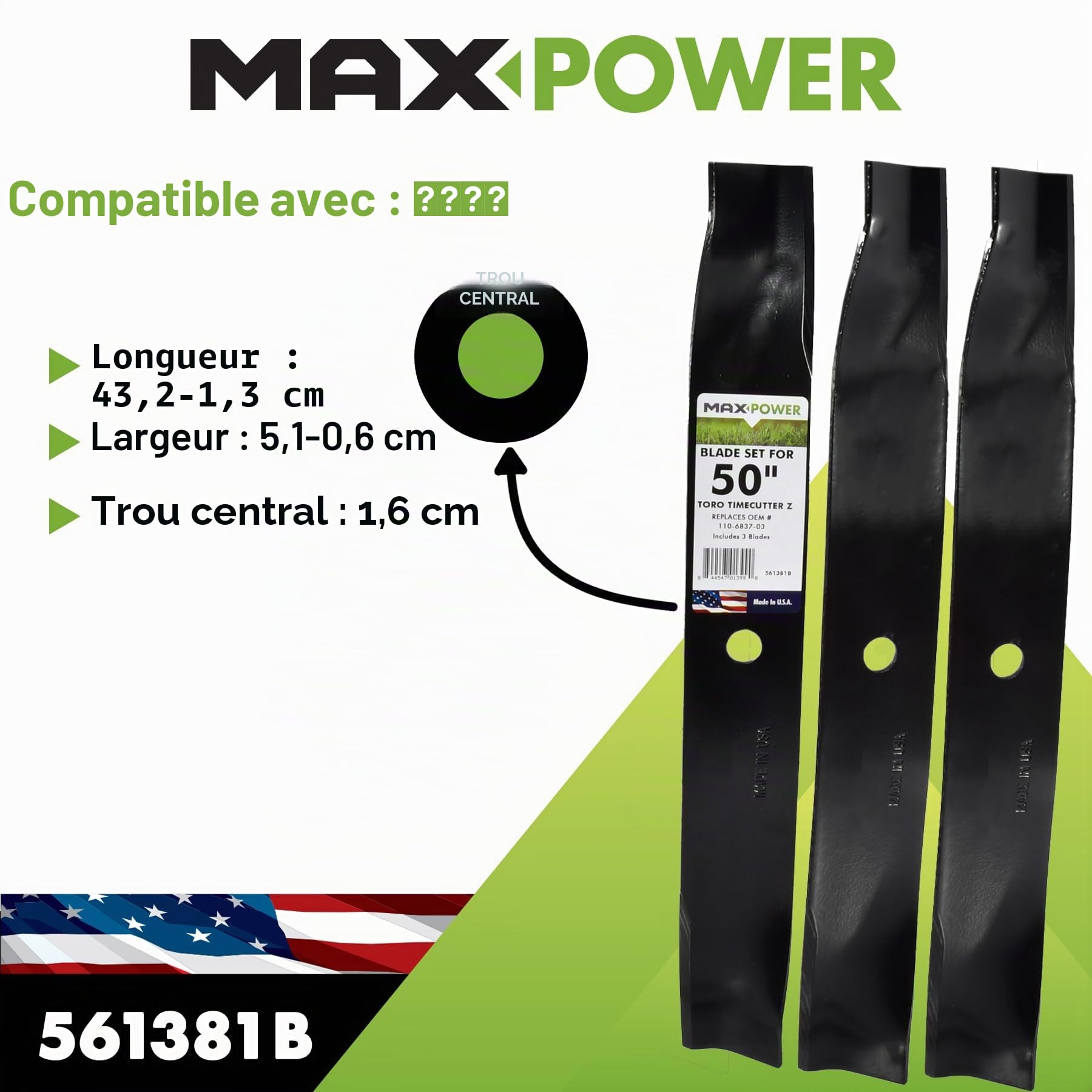 Maxpower 561381B Lot de 3 Lames à Levage élevé pour tondeuses Toro Time Cutter Z de 127 cm Remplace Le numéro OEM 110-6837-03, 112-9759-03, et 115-5059-03