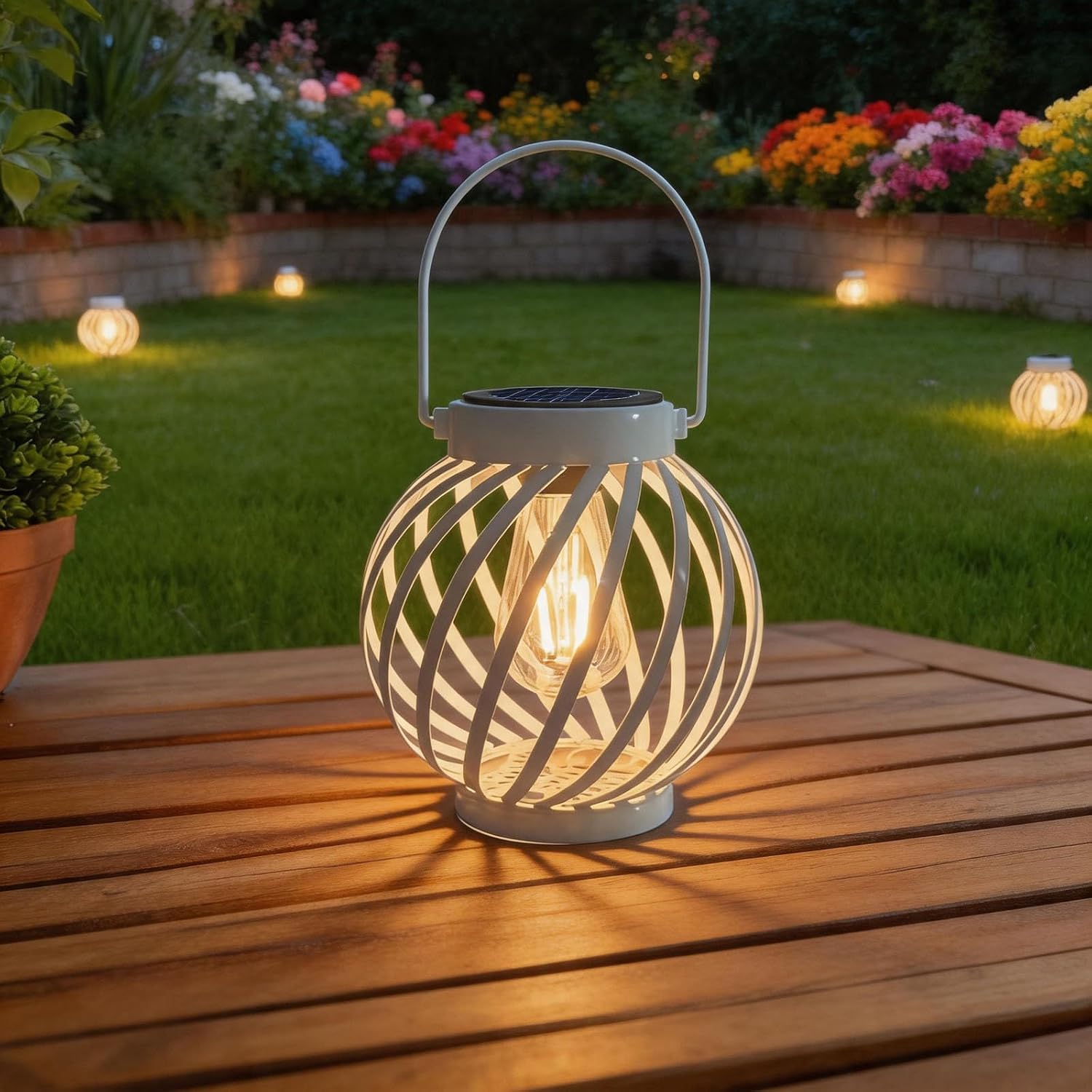 2 Pack Outdoor Solar Lanterns, Waterproof Metal Table/Wall Lights with Handle, Dusk-to-Dawn LED for Patio, Lawn, Porch(White 1)