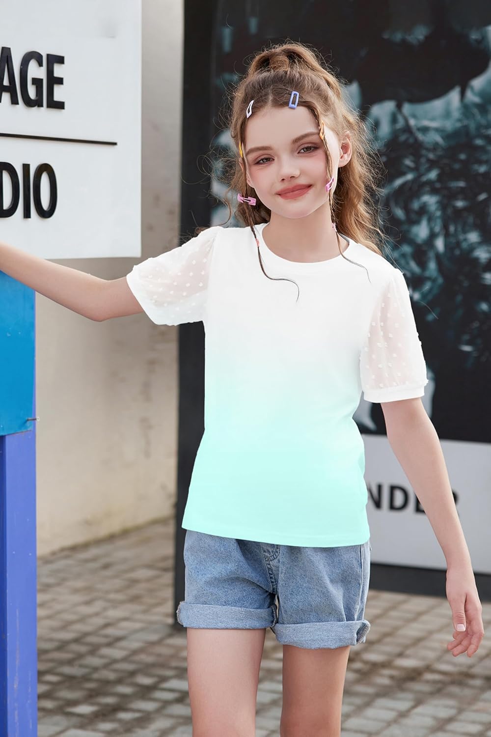 Arshiner Girls T Shirts Puff Short Sleeves with Polka Swiss Dots Tops for Kids Casual Summer Blouse Tunic Tee Tops - Image 6