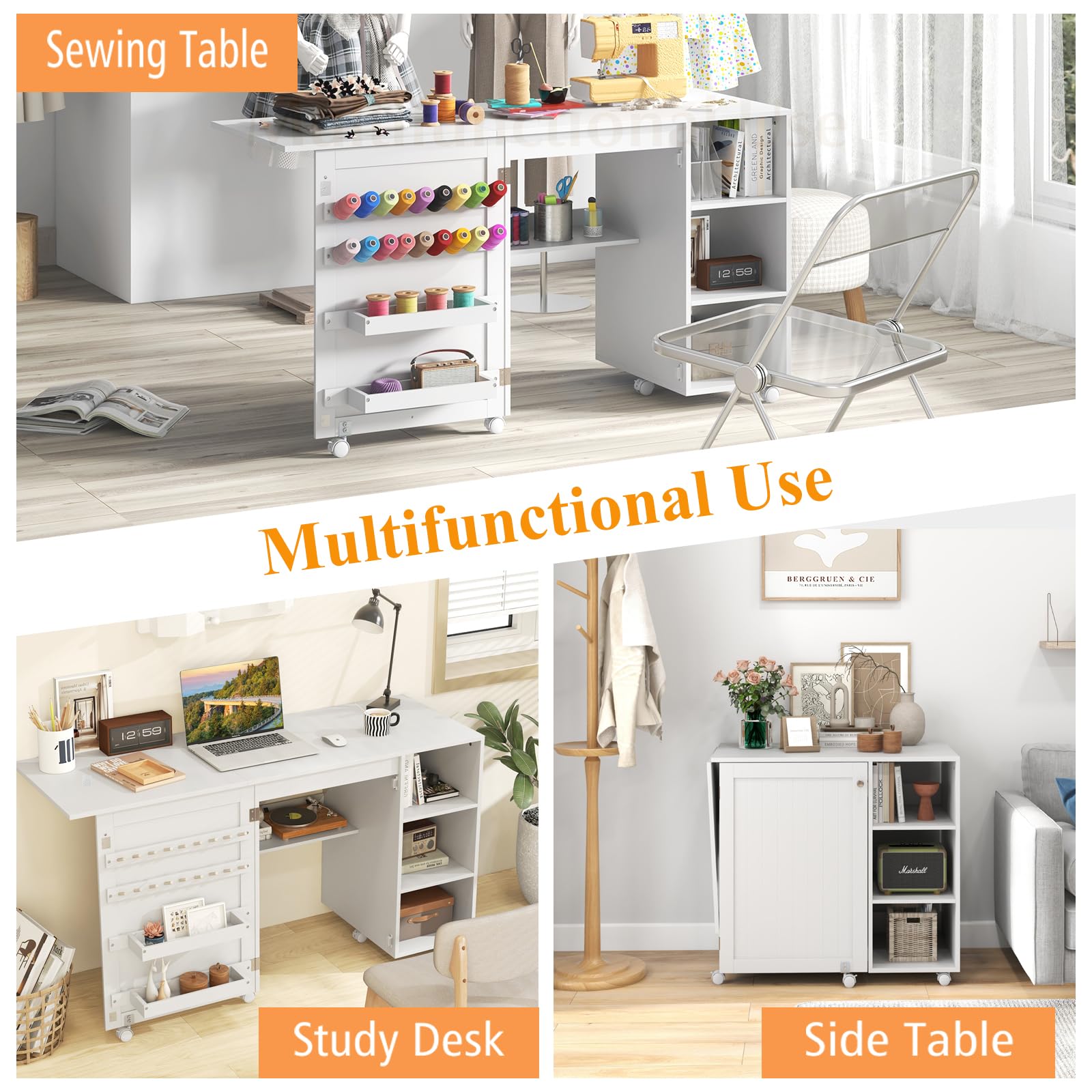 LIFEZEAL Mesa de Costura Plegable, Armario de Costura con 2 Soportes para Hilos y 18 Ganchos, Estación de Manualidad con 3 Estantes de Almacenamiento, Mueble para Máquina de Coser Portátil con Ruedas